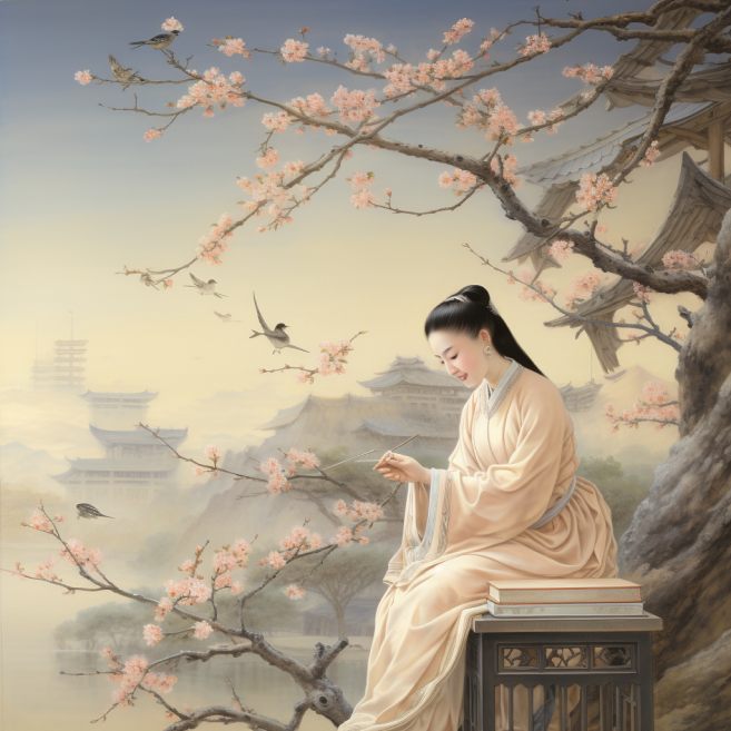 mujer sentada en un paisaje